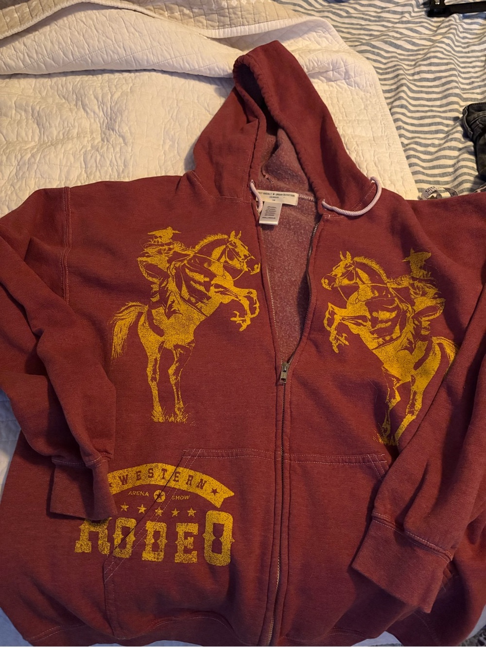 Urban Outfitters Maroon Zip Hoodie with Yellow Rodeo Graphic- Project Social T